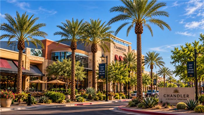 Palm-lined street in downtown Chandler on a clear day