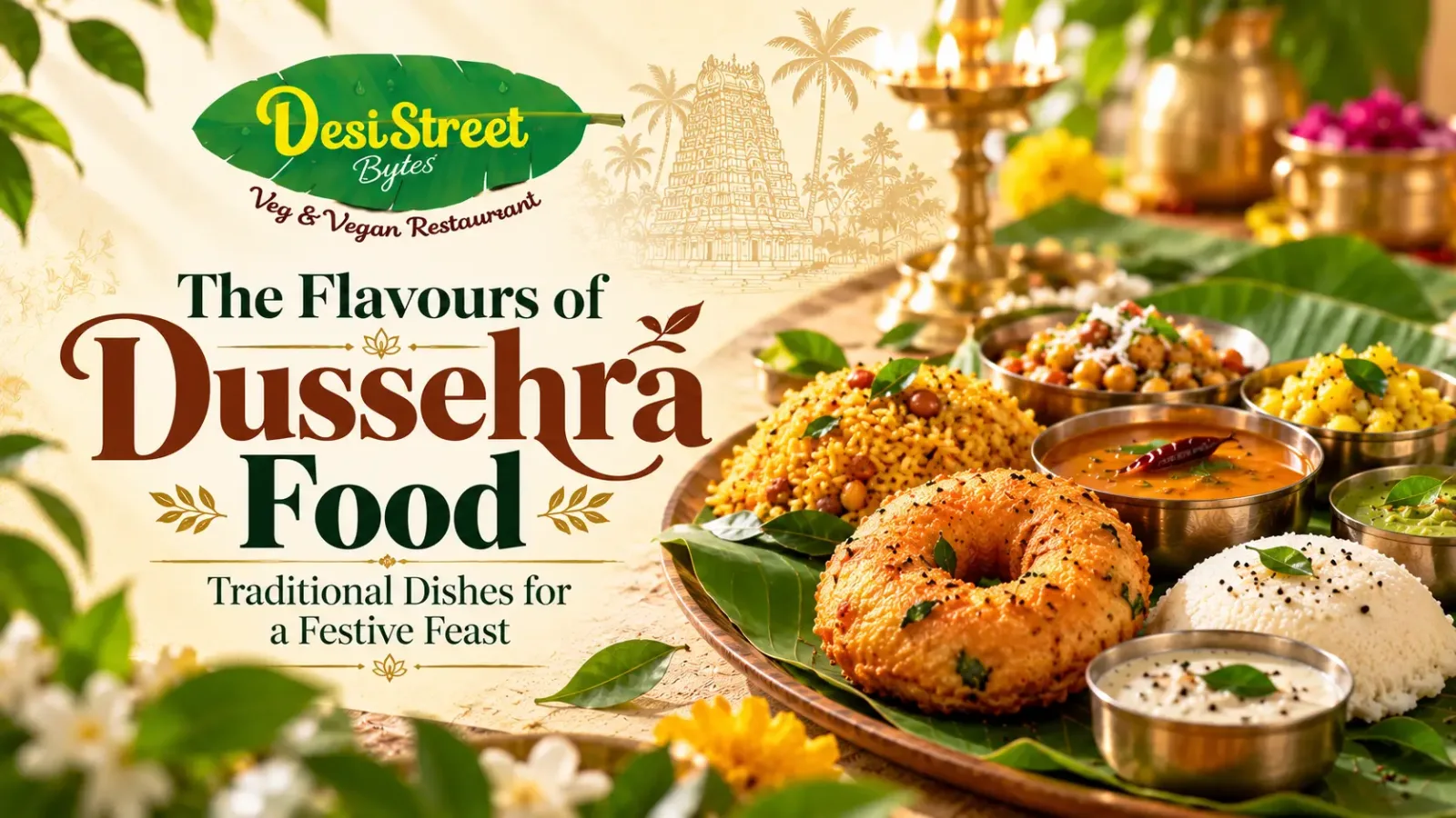 Traditional South Indian Dussehra food spread featuring vada, spiced rice, idli, sambar, and chutneys at Desi Street Bytes.