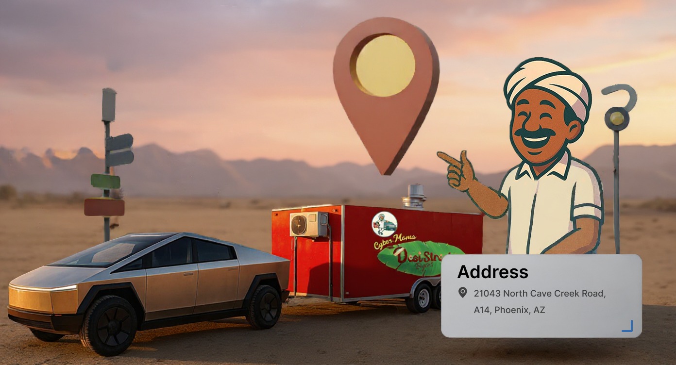 Illustration of Desi Street Bytes food truck with location pin on Phoenix map, promoting truck location and hours