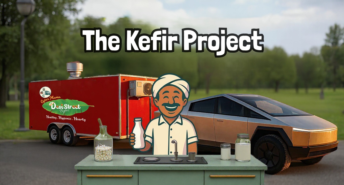 Creative announcement graphic for The Kefir Project featuring probiotic drinks in vibrant bottles with desi-inspired design elements